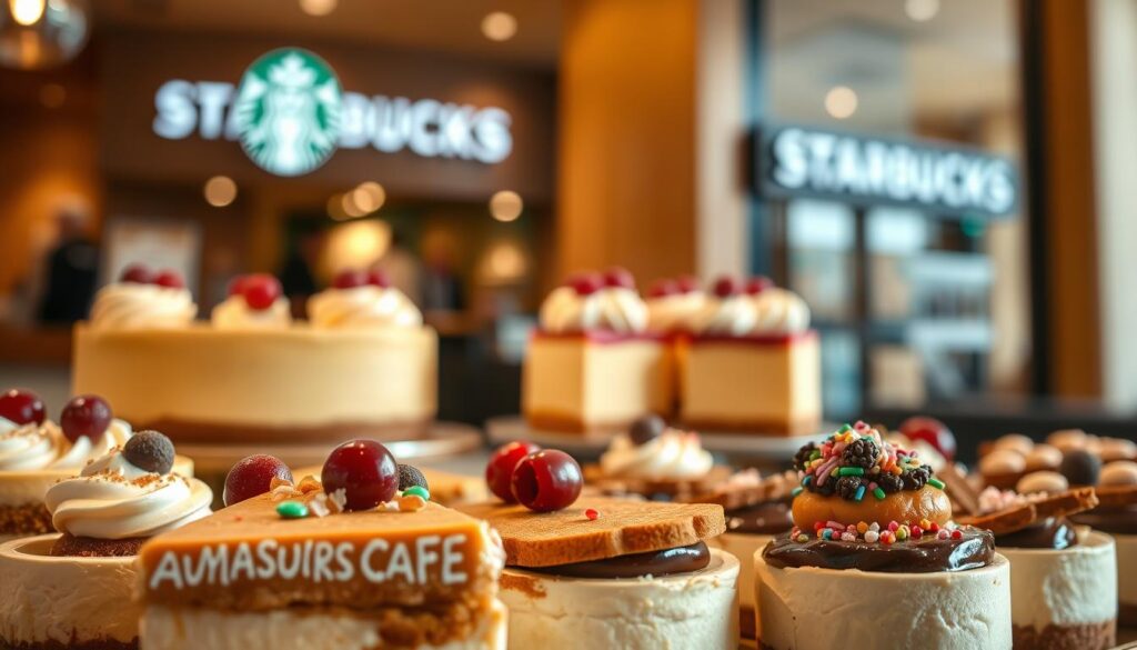 A beautifully crafted display of seasonal Starbucks cheesecake specials, captured in a warm, inviting setting. In the foreground, an assortment of fluffy, decadent cheesecake slices adorned with festive toppings like cranberries, pumpkin spice, and festive sprinkles. The middle ground showcases a Starbucks-branded display stand, highlighted by soft, diffused lighting that creates a cozy, cafe-like atmosphere. In the background, a subtle blur of a Starbucks storefront, hinting at the cafe's signature ambiance. The overall composition evokes a sense of indulgence and seasonal delight, perfectly complementing the "Seasonal Cheesecake Special Editions" section of the article.