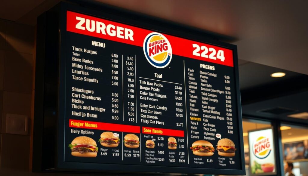 A beautifully lit, high-resolution photograph of a Burger King menu board, showcasing the full menu with prices for 2024. The menu is prominently displayed, with each item clearly labeled and the prices displayed in a clean, easy-to-read format. The lighting is soft and natural, casting a warm glow over the menu, and the camera angle is slightly elevated to provide a clear, unobstructed view. The background is blurred, keeping the focus solely on the menu itself. The overall composition is visually appealing and professional, capturing the essence of the Burger King brand and the updates to their menu for the coming year.