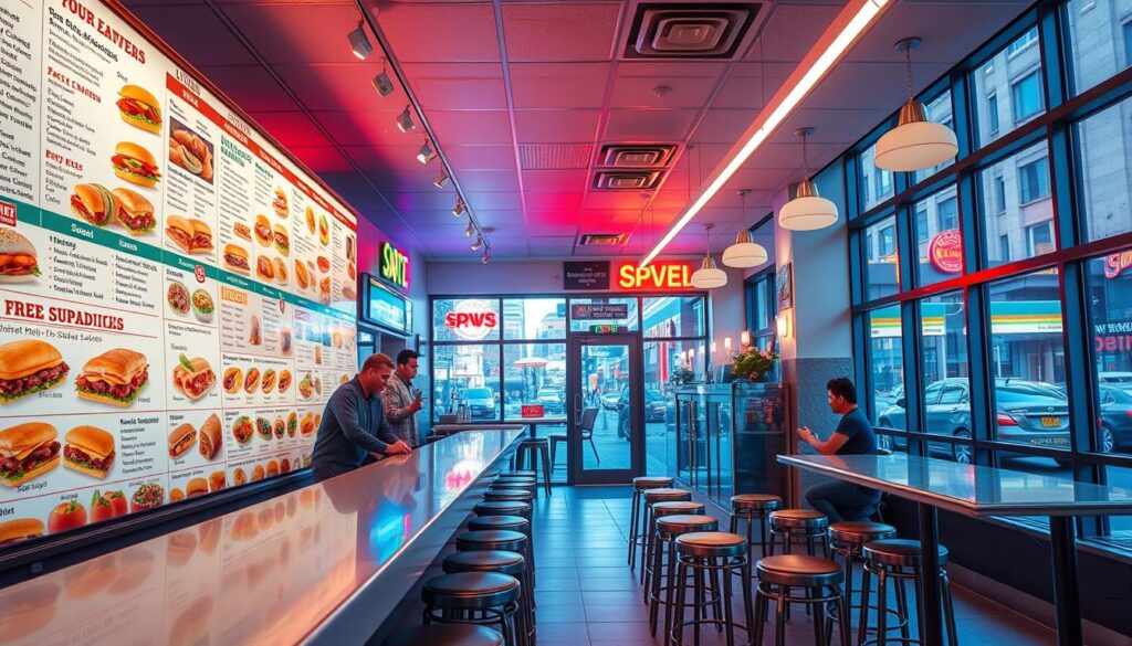 A bright, airy diner showcases an expansive subway-themed lunch menu, with a wide variety of sandwich options, fresh salads, and hot entrees displayed on crisp, illuminated menu boards. The foreground features a sleek, modern counter lined with stools, inviting patrons to peruse the mouthwatering selection. In the middle ground, neon signs and subway-inspired decor create a lively, urban atmosphere, while the background reveals large windows overlooking a bustling city street. The lighting is warm and natural, enhancing the vibrant colors and creating a welcoming, appetizing ambiance.