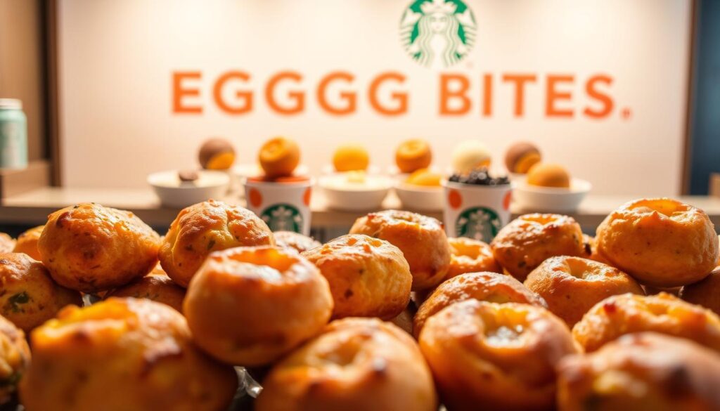 A bright, inviting display of Starbucks' delectable Egg Bites protein snack menu. In the foreground, a tempting arrangement of the savory bites, their golden-brown crusts and fluffy interiors shimmering under warm, soft lighting. The middle ground showcases the selection of flavors, each artfully presented to showcase their distinct ingredients and appeal. In the background, a clean, minimalist Starbucks-branded backdrop, suggesting a modern, health-conscious cafe setting. The overall atmosphere conveys a sense of wholesome, on-the-go nourishment, perfect for the health-conscious consumer seeking a protein-rich, satisfying snack.