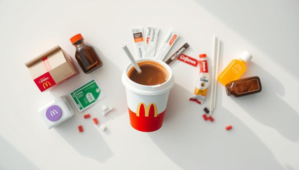 A bright, well-lit overhead view of a McDonald's-branded coffee cup filled with various coffee customization options neatly arranged around it. The cup is set against a clean, minimalist background, possibly a white or light gray surface. The customization items include creamers, sugar packets, syrup bottles, and stir sticks, all presented in a visually appealing and organized manner to showcase the breadth of options available. The lighting is natural and diffused, creating a warm, inviting atmosphere. The focus is on the coffee cup and its accoutrements, with the background slightly blurred to emphasize the main subject. The overall mood is one of simplicity, quality, and the ability to personalize your McDonald's coffee experience.