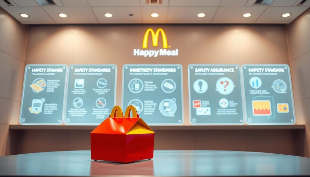 A brightly lit McDonald's Happy Meal display, showcasing the meticulous safety standards and quality assurance processes. In the foreground, a detailed model of a Happy Meal box, its vibrant colors and sleek design reflecting the brand's commitment to excellence. In the middle ground, a series of transparent acrylic panels highlighting the various safety checks and inspections, from ingredient sourcing to final packaging. The background features a clean, minimalist environment with a soft, warm lighting that emphasizes the sense of trust and reliability associated with the McDonald's brand. The overall atmosphere conveys a perfect balance of professionalism, attention to detail, and the playful, child-friendly essence of the Happy Meal.