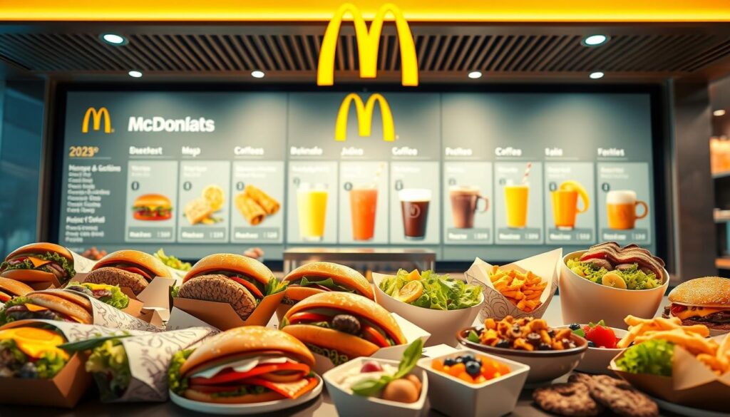 A brightly lit McDonald's breakfast menu board in 2025, displaying a variety of modern, healthy options. In the foreground, a visually appealing arrangement of breakfast sandwiches, wraps, and bowls, rendered in crisp, high-resolution detail. The middle ground showcases freshly brewed coffee, juices, and smoothies, captured in a warm, inviting lighting. In the background, a sleek, minimalist design with clean lines and a futuristic aesthetic, reflecting the brand's commitment to innovation. The overall scene conveys a sense of excitement and anticipation for the future of McDonald's breakfast menu, enticing the viewer to explore the delicious and nutritious offerings.