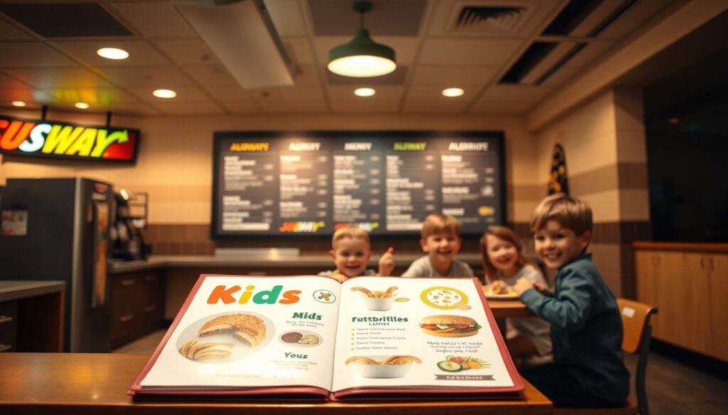 A brightly lit, clean Subway restaurant interior. In the foreground, a kids menu prominently displayed on the counter, showcasing various meal options. In the middle ground, a group of smiling children seated at a table, enjoying their meals. Behind them, a menu board highlighting the allergen information for each item, with clear icons and labels. The lighting is warm and inviting, creating a welcoming atmosphere. The overall scene conveys a sense of safety, nutrition, and delight, reflecting the Subway brand's commitment to providing wholesome options for families.