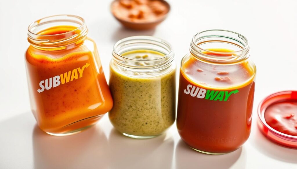 A brightly lit close-up of three different Subway sandwich sauces, each in a clear glass jar, arranged artfully on a clean white surface. The sauces have vibrant colors and interesting textures, suggesting unique flavor profiles. The jars are positioned at different angles, creating a dynamic, visually appealing composition. Soft shadows and highlights accentuate the dimensional qualities of the sauces. The overall mood is one of freshness, modernity, and culinary innovation, reflecting Subway's latest seasonal menu offerings.