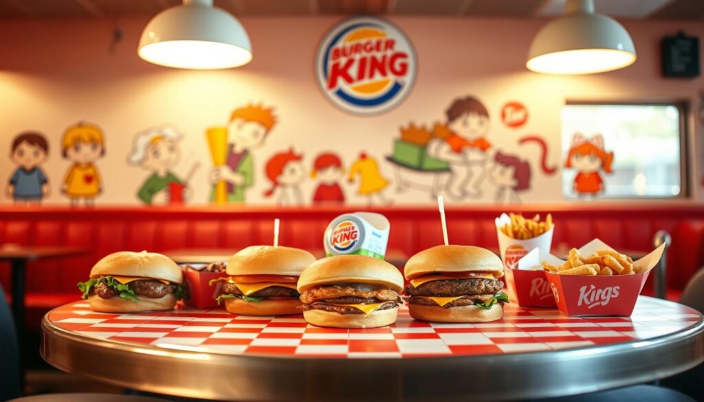 A brightly lit diner-style setting with a Burger King Kids Meal display in the foreground. The table is adorned with a classic red-and-white checkered pattern, and the meal options are neatly arranged, showcasing a variety of kid-friendly burger, chicken, and side choices. The background features a colorful mural with cartoon characters, creating a fun and playful atmosphere. The lighting is warm and inviting, casting a soft glow on the scene. The composition is balanced, with the meal options taking center stage and the background elements providing a complementary setting.