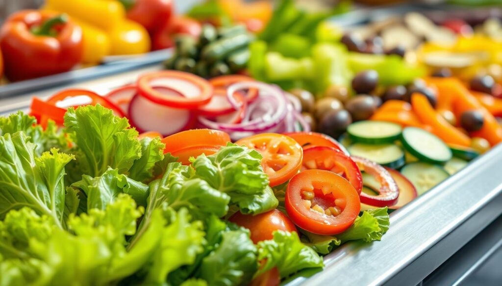 A brightly lit, high-resolution image of a fresh selection of Subway's vegetable toppings, neatly arranged on a sleek, modern serving tray. In the foreground, vibrant green lettuce leaves, crisp red tomatoes, and crunchy cucumber slices. The middle ground features juicy bell pepper rings in vibrant colors, while the background showcases a variety of other veggies like onions, olives, and pickles. The lighting is soft and natural, creating a warm, appetizing atmosphere. The image conveys a sense of freshness, health, and the high-quality ingredients used in Subway's nutritious meal options.