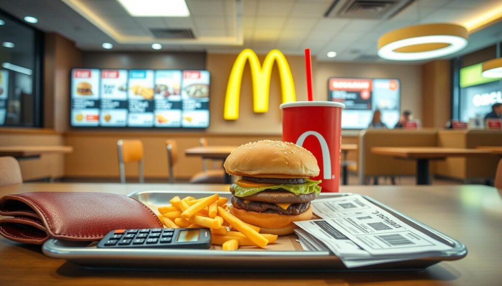 A brightly lit, modern McDonald's dining area. In the foreground, a neatly arranged tray showcases a classic McDonald's Combo Meal - a Big Mac, medium fries, and a medium soft drink. The meal is flanked by an open wallet, a calculator, and a stack of coupons, representing the strategies for maximizing savings. The middle ground features menu boards displaying combo meal options and pricing. The background shows the iconic golden arches and a clean, inviting restaurant atmosphere. The overall scene conveys a sense of finding the perfect balance between enjoying a delicious McDonald's meal and being a savvy, budget-conscious consumer.