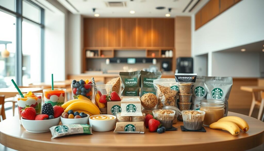 A brightly lit, modern Starbucks cafe setting with a central table displaying an assortment of healthy snack options. In the foreground, a selection of vibrant and colorful fresh fruit, yogurt parfaits, and protein bars neatly arranged. The middle ground features a variety of freshly baked whole grain muffins, granola cups, and veggie-based dips. In the background, the cafe's warm, minimalist decor with clean lines and natural wood accents creates a calming, inviting atmosphere. The lighting is soft and diffused, highlighting the natural textures and colors of the snacks. The camera angle is slightly elevated, providing an appetizing and visually appealing view of the healthy Starbucks grab-and-go options.