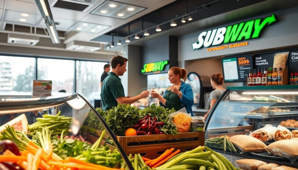 A brightly lit, modern Subway restaurant interior, showcasing an array of fresh, healthy ingredients and customizable menu options. In the foreground, a glass display case highlights an assortment of crisp vegetables, lean proteins, and whole grain breads. In the middle ground, a Subway employee interacts with a customer, demonstrating how to build a personalized, nutritious sandwich. The background features sleek, minimalist decor and large windows, flooding the space with natural light. The overall atmosphere is clean, inviting, and focused on promoting healthy, customizable dining choices.
