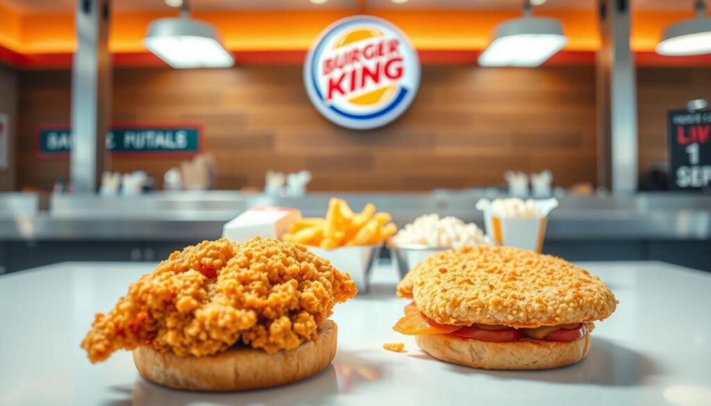 A brightly lit scene showcasing the Burger King Chicken and Fish Menu Options. In the foreground, a crisp, golden-fried chicken sandwich and a flaky, breaded fish fillet sandwich are prominently displayed on a clean, white surface, their textures and colors inviting the viewer to take a bite. In the middle ground, various sides like french fries and coleslaw are arranged neatly, complementing the main dishes. The background features the iconic Burger King logo and branding, subtly establishing the scene's context. The lighting is natural and warm, creating a welcoming and appetizing atmosphere. The camera angle is slightly elevated, allowing the viewer to take in the entire spread with a sense of visual balance and proportion.
