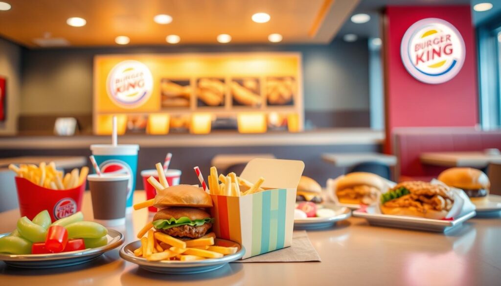 A brightly lit table setting in a Burger King restaurant, showcasing a variety of Kids Meal options. In the foreground, a colorful cardboard Kids Meal box takes center stage, filled with a miniature burger, fries, a small drink, and a toy. Surrounding the box are neatly arranged side dishes like apple slices and grapes. In the middle ground, additional Kids Meal options are displayed, including a chicken sandwich, chicken nuggets, and a veggie burger. The background features the familiar Burger King branding, with warm lighting and a cozy, family-friendly atmosphere. The image conveys the variety and appeal of Burger King's Kids Meal offerings.