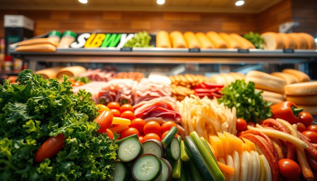 A brightly lit, well-stocked display of Subway's fresh ingredients. In the foreground, a selection of crisp, vibrant vegetables arranged neatly - lettuce, tomatoes, cucumbers, and peppers. In the middle ground, an array of meats and cheeses, each slice glistening under the soft lighting. Towards the back, a variety of freshly baked breads, their golden crusts inviting. The lighting is warm and natural, creating a welcoming, appetizing atmosphere. The camera angle is slightly elevated, giving a comprehensive view of the premium ingredients and quality presentation. This image showcases Subway's commitment to using fresh, high-quality ingredients to craft delicious, customizable sandwiches.