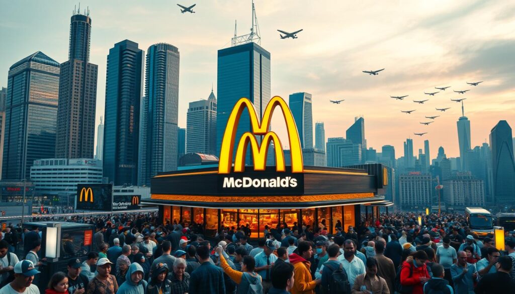 A bustling global metropolis, towering skyscrapers reach towards the sky as a steady stream of airplanes crisscross the horizon. In the foreground, a massive McDonald's restaurant stands proudly, its golden arches gleaming in the warm, golden-hour light. Throngs of customers, diverse in their nationalities and ethnicities, queue eagerly to savor the iconic Chicken McNuggets, a testament to the brand's international appeal. The scene is vibrant, dynamic, and filled with a sense of cultural exchange, capturing the global expansion and universal allure of this beloved fast-food staple.