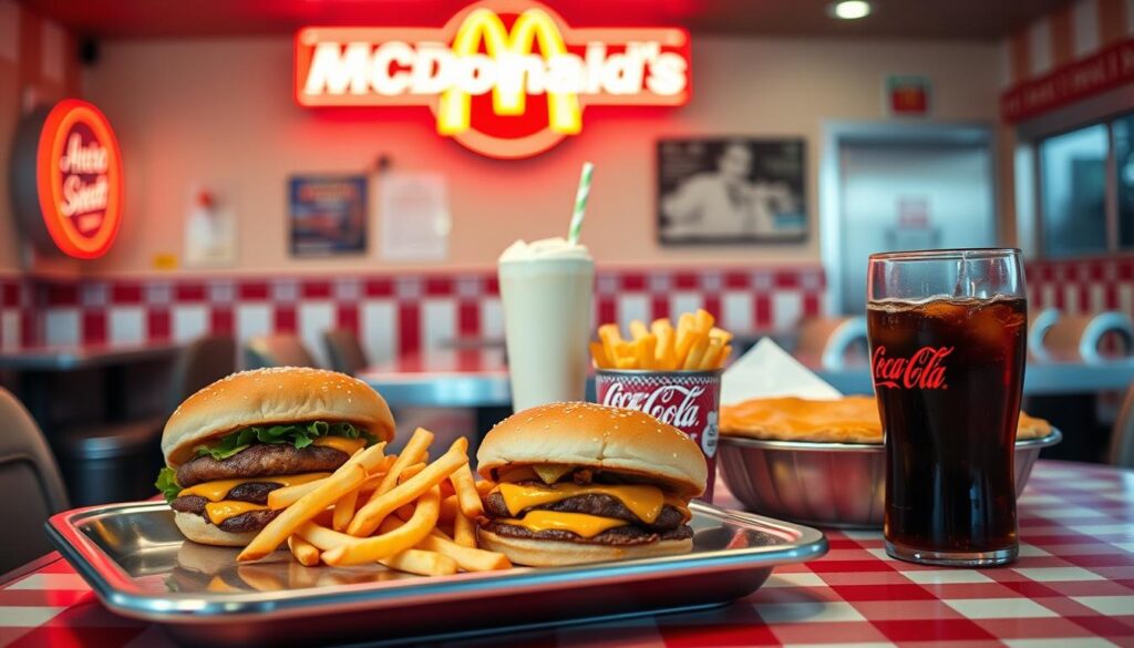 A classic American diner scene featuring an array of McDonald's iconic dishes. In the foreground, a stainless-steel tray holds a Big Mac, fries, and a Coca-Cola. Subtle shadows and reflections add depth. The middle ground showcases a nostalgic red-and-white checkered table with a McDonald's milkshake and apple pie. In the background, a retro neon sign illuminates the scene, creating a warm, inviting atmosphere. The lighting is soft and natural, capturing the comfort and familiarity of the McDonald's dining experience. The overall composition evokes the timeless appeal of McDonald's as a quintessential American fast-food institution.