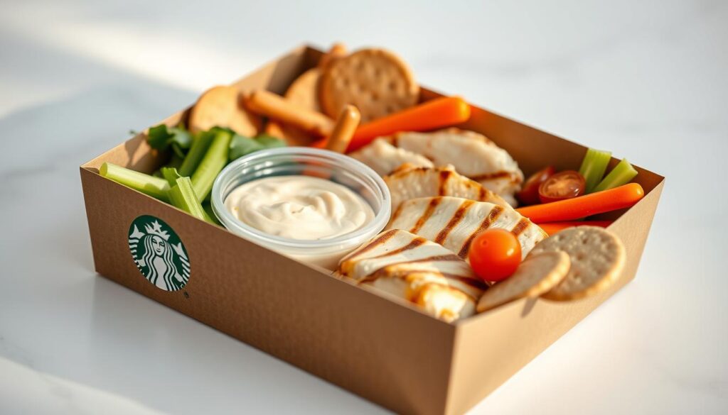 A close-up shot of a Starbucks Grilled Chicken Protein Box, captured with a high-resolution camera lens. The box is positioned on a clean, white surface, with soft, natural lighting illuminating the contents. Inside, we see tender grilled chicken breasts, a small container of creamy hummus, an assortment of fresh vegetables like carrots, celery, and grape tomatoes, and a few whole-grain crackers. The arrangement is visually appealing, with a focus on the high-protein, nutritious elements that make this a healthy and satisfying snack or meal option. The overall mood is one of simplicity, freshness, and a commitment to wellness.