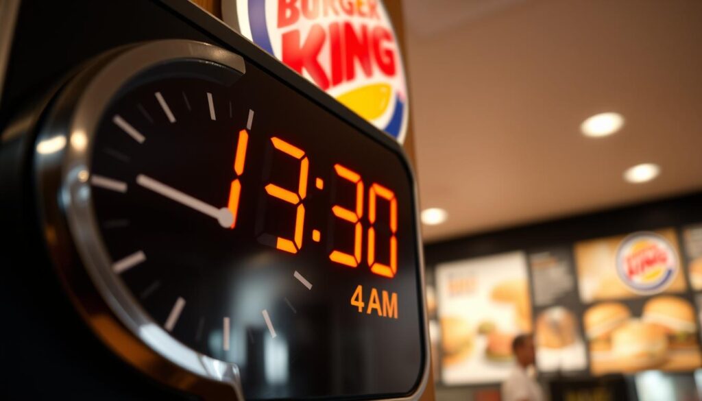 A close-up shot of a digital clock display showing the time 10:30 AM, indicating the cutoff time for Burger King's breakfast menu. The clock face is positioned prominently in the foreground, with a blurred background of a Burger King restaurant interior, conveying a sense of urgency and the transition from breakfast to the lunch menu. The lighting is natural, with warm tones reflecting the morning ambiance. The overall mood is one of clarity and precision, capturing the precise moment when Burger King stops serving their breakfast items.