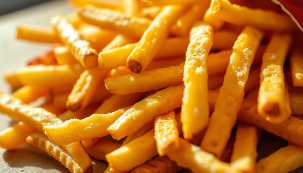 A close-up shot of freshly fried McDonald's french fries, golden and crispy, their surfaces glistening with a light coating of salt. The fries are arranged in an overlapping pattern, casting soft shadows on the surface below. The lighting is warm and natural, creating a cozy, inviting atmosphere. The focus is sharp, accentuating the intricate texture and tempting appearance of the fries. The background is slightly blurred, keeping the attention on the star of the image - the irresistible, mouth-watering McDonald's french fries.