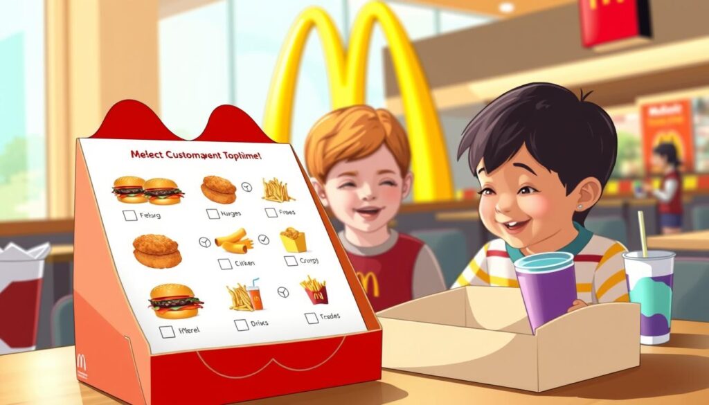 A colorful, detailed illustration of the customization options for a McDonald's Happy Meal. In the foreground, an open Happy Meal box displays a variety of menu items like hamburgers, chicken nuggets, fries, and drinks, each with checkboxes or buttons to select. In the middle ground, a cheerful child examines the options, while in the background, the iconic McDonald's golden arches and restaurant setting provide context. The image has a warm, inviting tone, lit by soft, natural lighting to showcase the vibrant colors and textures of the Happy Meal components. The perspective is slightly elevated to provide an overview of the customization process.