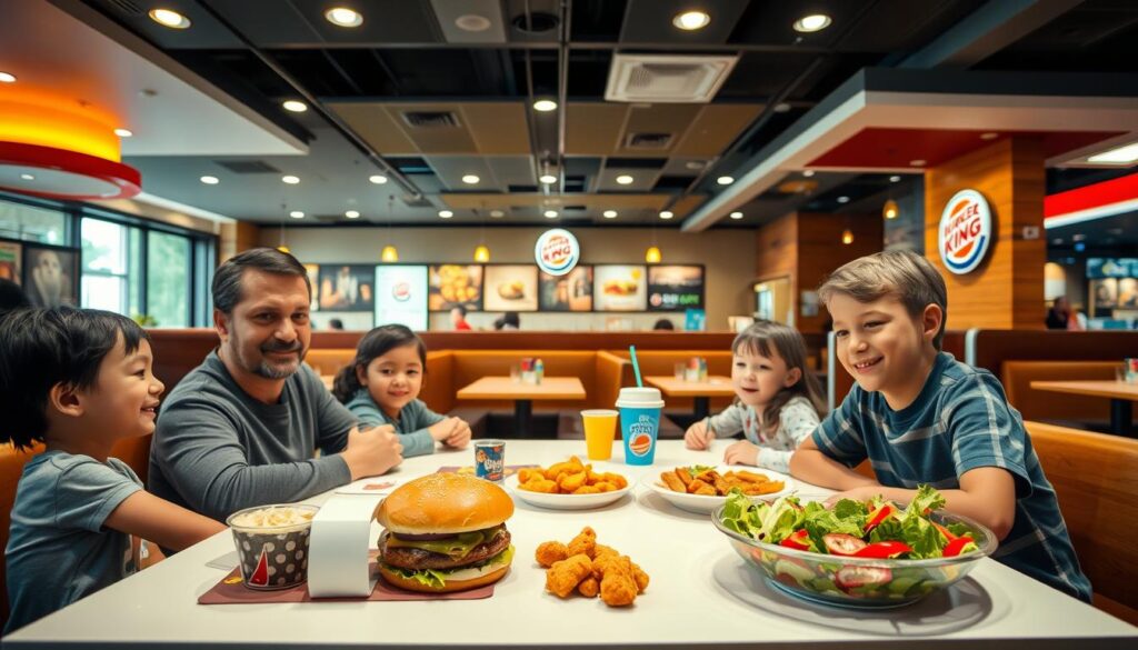 A cozy Burger King restaurant interior, with a family of four seated at a clean, well-lit table. The foreground features various budget-friendly meal options, including a Whopper Jr. combo, chicken nuggets, and a salad. The middle ground showcases the signature Burger King decor, with warm lighting, wooden accents, and a modern, inviting atmosphere. In the background, a panoramic view of the restaurant reveals additional seating areas and the iconic Burger King branding. The overall scene conveys a sense of affordable, family-friendly dining in a comfortable, welcoming setting.