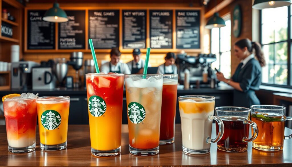 A cozy café scene, with a countertop display showcasing an array of Starbucks Refreshers and tea drinks. In the foreground, vibrant glasses brimming with icy-cold Mango Dragonfruit and Strawberry Acai Refreshers, complemented by warm mugs of herbal and black teas. The middle ground features baristas in crisp uniforms skillfully preparing the beverages, while the background depicts the familiar Starbucks ambiance - wooden accents, chalkboard menus, and soft natural lighting filtering through the windows. The overall composition conveys a welcoming, refreshing, and soothing atmosphere, inviting the viewer to indulge in these popular Starbucks offerings.