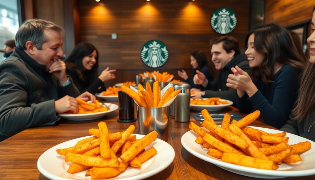 A cozy café setting, with customers seated at wooden tables, enjoying Starbucks' new sweet potato fries. The fries are golden-brown, crispy on the outside and soft on the inside, presented on stylish ceramic plates. Customers' faces are animated as they share their thoughts, some smiling, others gesturing with enthusiasm. The lighting is warm and inviting, creating a relaxed atmosphere. In the background, the familiar Starbucks logo is visible, signaling the high-quality, familiar brand experience. The scene captures the initial excitement and feedback from customers as they discover this tasty new menu item.