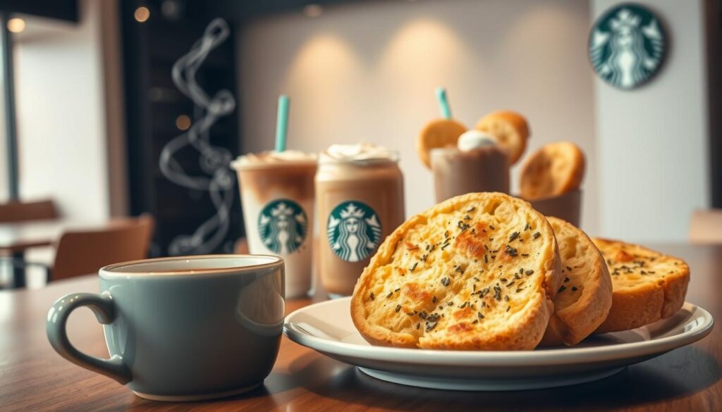 A cozy coffee shop setting with a warm, inviting atmosphere. In the foreground, a plate of freshly baked Starbucks garlic bread sits alongside a steaming cup of rich, aromatic coffee. The bread is golden-brown, with a crisp outer crust and a soft, fluffy interior. Wisps of steam rise from the coffee, hinting at its soothing temperature and bold flavor. In the middle ground, a selection of Starbucks specialty drinks, such as a latte and a hot chocolate, are arranged neatly, each with a unique pairing of the garlic bread. The background features a minimalist, modern Starbucks interior, with clean lines, neutral colors, and soft, diffused lighting that creates a cozy, inviting ambiance. The overall scene conveys the perfect harmony of savory and sweet, highlighting the delightful pairings that can be enjoyed with Starbucks' iconic garlic bread and hot beverages.