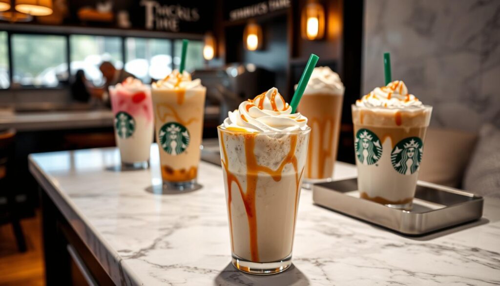 A cozy, intimate café setting with a marble-topped counter displaying an array of enticing cheesecake-inspired Starbucks drinks. In the foreground, an artfully crafted Starbucks Cheesecake Frappuccino with a swirl of whipped cream and drizzle of caramel sauce. Behind it, a selection of other secret menu items, such as a Strawberry Cheesecake Refresher and a Caramel Cheesecake Macchiato, all presented with care and attention to detail. The lighting is soft and warm, creating a welcoming atmosphere. The scene is shot from a slightly elevated angle, capturing the full display of the tempting beverages.