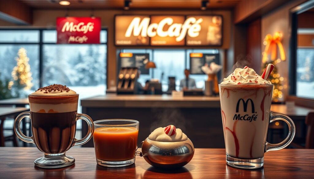 A cozy, inviting café setting with a display of seasonal McCafé beverages. The foreground features an assortment of steaming hot drinks, including a rich mocha latte, a spiced apple cider, and a creamy peppermint hot chocolate, all adorned with festive toppings and garnishes. The middle ground showcases the sleek, modern McCafé counter and menu boards, highlighted by warm, soft lighting. The background depicts a winter wonderland through the café's windows, with gently falling snow and twinkling holiday lights, creating a festive and comforting atmosphere. The overall mood is one of seasonal cheer and indulgence, inviting the viewer to step inside and enjoy a delightful McCafé seasonal treat.