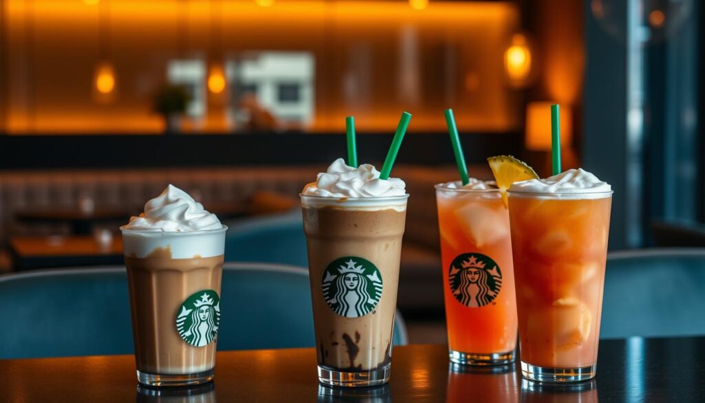 A cozy late-night Starbucks scene, showcasing an array of cold foam-topped beverages. In the foreground, a mouthwatering display of icy, creamy delights - cold brew with vanilla sweet cream cold foam, mocha frappuccino with java chip cold foam, and pineapple passionfruit refresher with pineapple cold foam. The middle ground features warm, soft lighting illuminating the sleek, modern Starbucks interior, with plush seating and subtle accent decor. The background fades into a warm, golden glow, creating a tranquil, inviting atmosphere perfect for a late-night coffee experience.