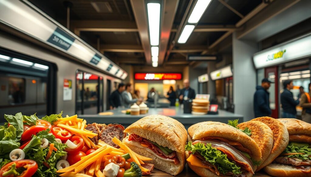 A cozy subway station, the air filled with the aroma of freshly baked bread. In the foreground, an array of Subway's seasonal menu items are artfully displayed - vibrant veggies, savory meats, and an assortment of sauces and toppings. The middle ground features a sleek, modern counter, where customers eagerly await their custom-made sandwiches. Soft, warm lighting casts a comforting glow, inviting passersby to step inside and indulge in the latest seasonal flavors. The background showcases the bustling energy of the subway, with trains arriving and departing, and commuters hurrying to their destinations. This image captures the essence of Subway's evolving seasonal menu, enticing the viewer to discover the delicious new offerings.