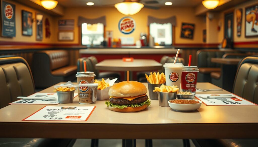 A cozy, well-lit diner scene with a Burger King family meal deal displayed prominently on the table. The meal includes a variety of customizable items such as a Whopper, french fries, drinks, and sides. The table is set with placemats, napkins, and condiments, creating a welcoming atmosphere. Soft, warm lighting casts a comforting glow, and the background features a classic diner interior with booths, a counter, and wall decor that reinforces the family-friendly vibe. The composition draws the viewer's eye to the meal, showcasing the diverse menu options and the ability to personalize the order to suit individual preferences.