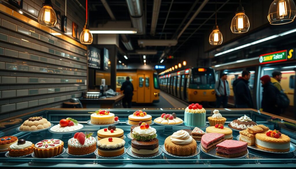 A cozy, well-lit subway cafe display showcases an array of delectable seasonal desserts. In the foreground, a glass counter presents an assortment of colorful tarts, cakes, and pastries, their vibrant hues and intricate designs catching the eye. The middle ground features a backdrop of sleek subway tiles and warm, Edison-style lighting, creating a sophisticated yet inviting atmosphere. In the background, glimpses of bustling commuters and the occasional train passing by add a sense of urban energy to the scene. The overall composition conveys a tempting, high-quality dessert selection that perfectly complements the Subway brand's commitment to quality and innovation.