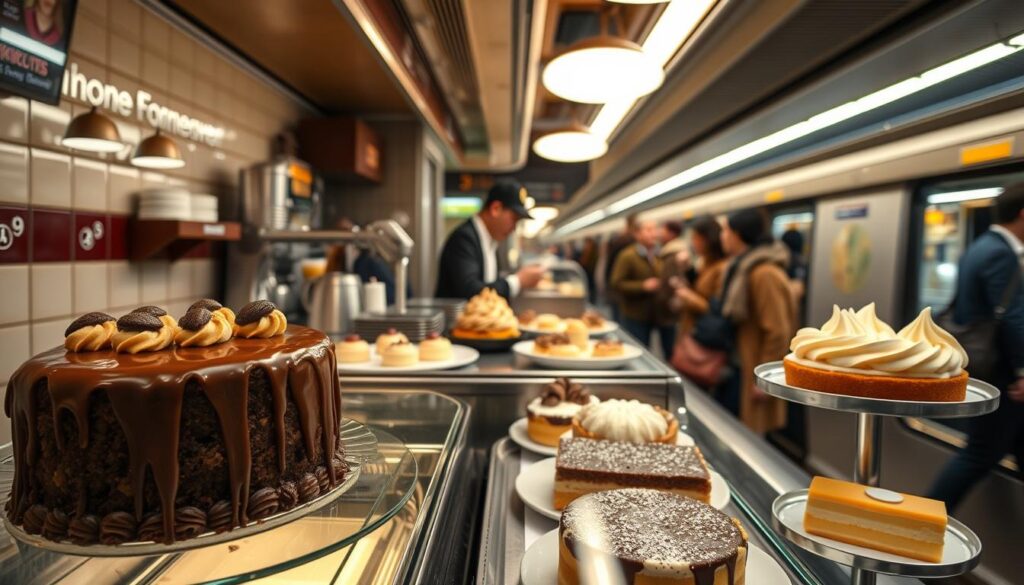 A cozy, well-lit subway station diner showcasing an array of mouthwatering dessert creations. In the foreground, a glass display case exhibits an assortment of decadent cakes, pies, and pastries - from a rich, fudgy chocolate cake drizzled with caramel to a delicate lemon meringue tart. In the middle ground, a barista prepares a variety of specialty coffee drinks, their aroma mingling with the scent of freshly baked treats. The background features the subway platform, with passengers hurrying by, their attention drawn to the tempting desserts on offer. The overall atmosphere is one of indulgence and unexpected delight, inviting the viewer to discover new and creative subway-inspired dessert combinations.