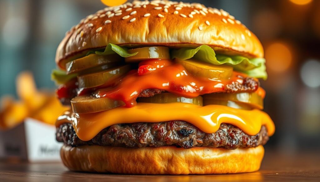 A delectable Quarter Pounder burger from McDonald's, captured in stunning detail. The juicy, flame-grilled beef patty is nestled between a soft, toasted sesame seed bun, adorned with tangy pickles, fresh lettuce, and a generous helping of the iconic McDonald's special sauce. The lighting casts a warm, golden glow, highlighting the burger's inviting appearance. The camera angle showcases the burger's impressive proportions, emphasizing its premium quality and craftsmanship. The background is blurred, keeping the focus firmly on the star of the show - this mouthwatering Quarter Pounder, a true testament to McDonald's legendary burger excellence.
