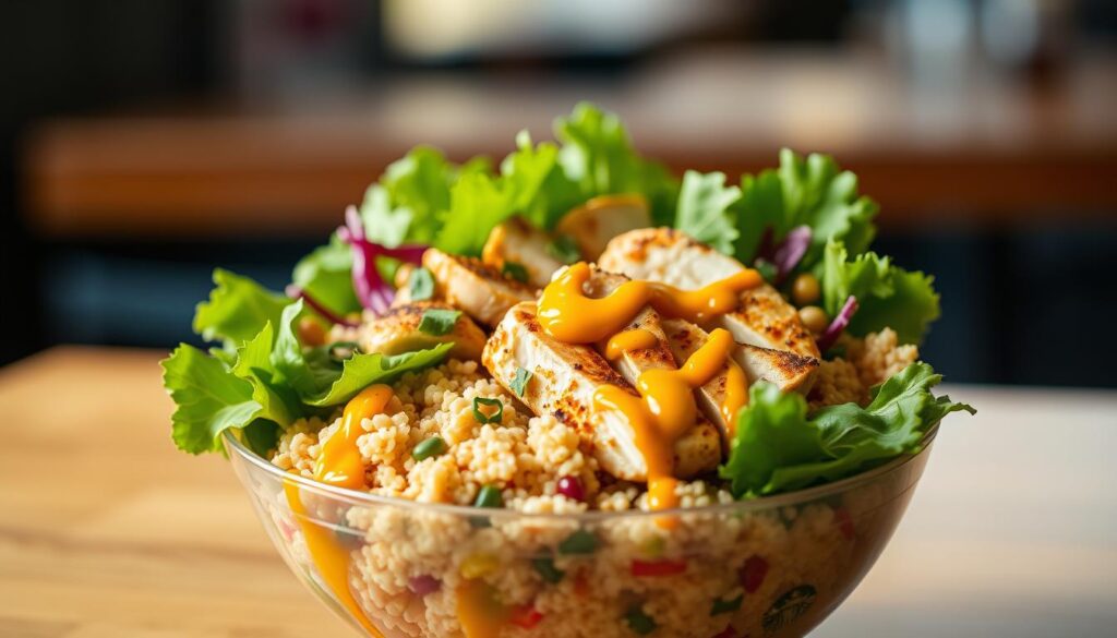 A delectable Starbucks Chicken Quinoa Protein Bowl sits center frame, showcasing a colorful array of grilled chicken, fluffy quinoa, vibrant greens, and zesty dressing. The lighting is warm and natural, casting a soft glow across the bowl's contents. The camera angle is slightly elevated, providing a tantalizing bird's-eye view of the carefully assembled dish. The background is blurred, keeping the focus squarely on the bowl's tempting contents. The overall mood is one of health, freshness, and culinary excellence, inviting the viewer to savor the nourishing and flavorful creation.