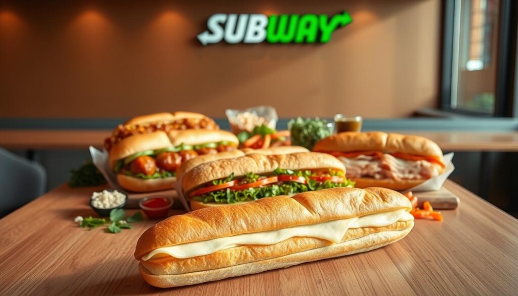 A delectable array of Subway's classic footlong sandwich varieties, artfully arranged on a sleek, wooden table. In the foreground, a freshly baked Italian herb and cheese footlong, its crisp crust and soft interior beckoning. Surrounding it, an assortment of other fan-favorites, including the savory Meatball Marinara, the zesty Spicy Italian, and the beloved Turkey Breast, all showcased under warm, natural lighting that casts a cozy, inviting glow. The middle ground features a diverse selection of toppings and sauces, from crunchy veggies to tangy condiments, while the background subtly suggests a modern, minimalist Subway storefront setting. The overall composition evokes a sense of culinary delight and the promise of a satisfying midday meal.