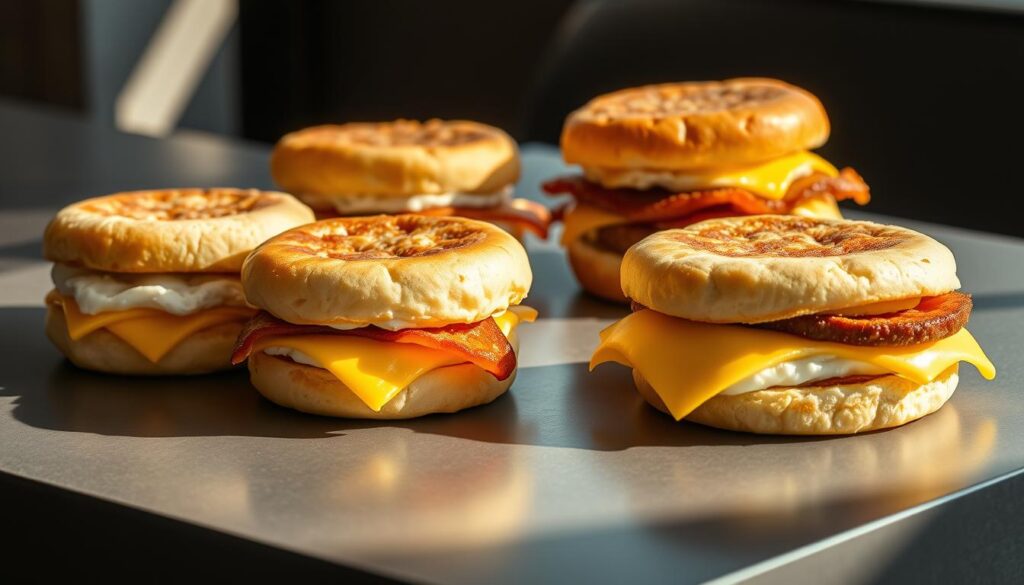 A delectable assortment of McDonald's Egg McMuffin varieties, artfully arranged on a sleek, modern surface. The golden English muffins, lightly toasted, provide a sturdy foundation for the fluffy eggs, melted cheese, and savory Canadian bacon or sausage patties. Soft natural lighting casts a warm glow, accentuating the appetizing details and mouthwatering textures. The image exudes a sense of breakfast indulgence, capturing the essence of McDonald's renowned Egg McMuffin line-up - a true breakfast champion that has delighted food enthusiasts worldwide.