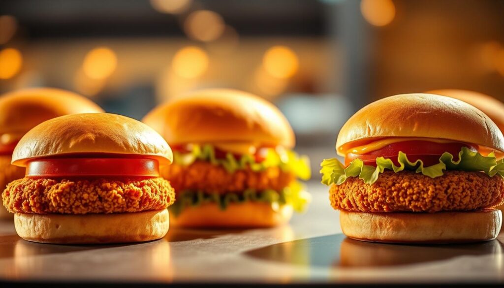 A delectable close-up of McDonald's Premium Chicken Sandwiches, bathed in warm, golden light. The crisp, golden-brown buns frame the juicy, hand-breaded chicken patties, topped with vibrant lettuce, ripe tomatoes, and a creamy, tantalizing sauce. The sandwiches are arranged on a sleek, contemporary surface, creating a visually appealing and appetizing scene. The depth of field is slightly blurred, drawing the viewer's focus to the tantalizing details of the premium chicken offerings. The overall mood is one of mouthwatering anticipation, capturing the essence of McDonald's top-tier chicken menu items.