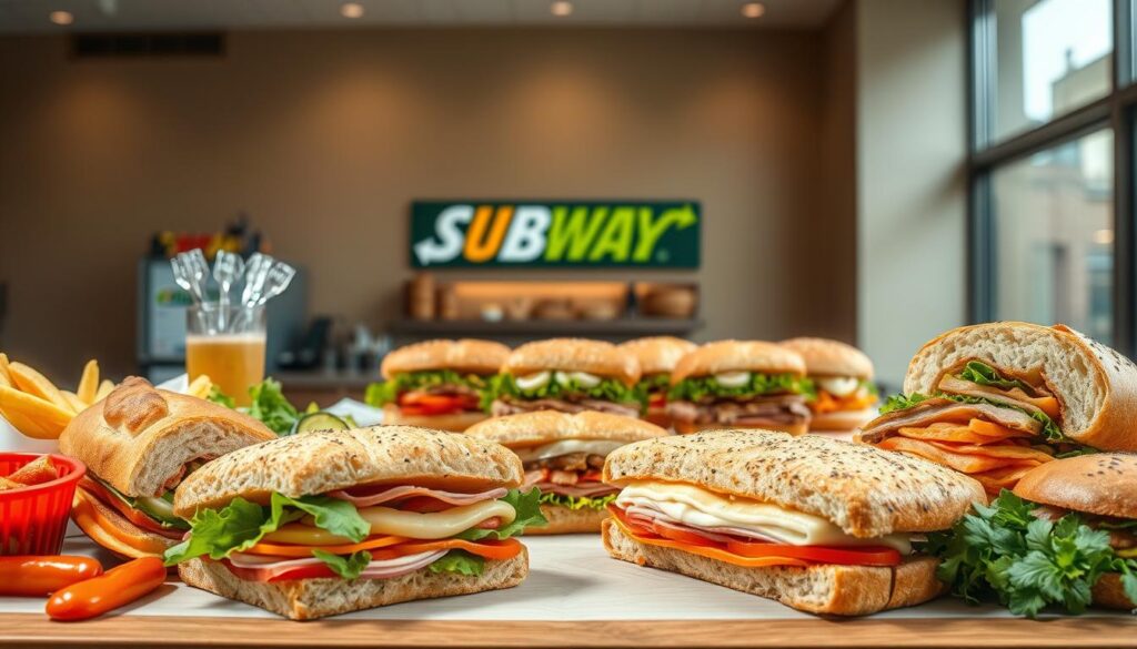 A delectable display of Subway's signature sandwiches, capturing the essence of their iconic menu. In the foreground, a vibrant array of breads, meats, vegetables, and condiments are artfully arranged, inviting the viewer to savor the mouthwatering combinations. The middle ground showcases the sandwiches themselves, each crafted with precision and attention to detail, their textures and colors complementing one another. In the background, a clean, well-lit environment with neutral tones provides a minimalist backdrop, allowing the star of the scene - the sandwiches - to take center stage. The overall composition exudes a sense of freshness, quality, and the signature Subway experience, perfectly capturing the essence of their popular signature combinations.