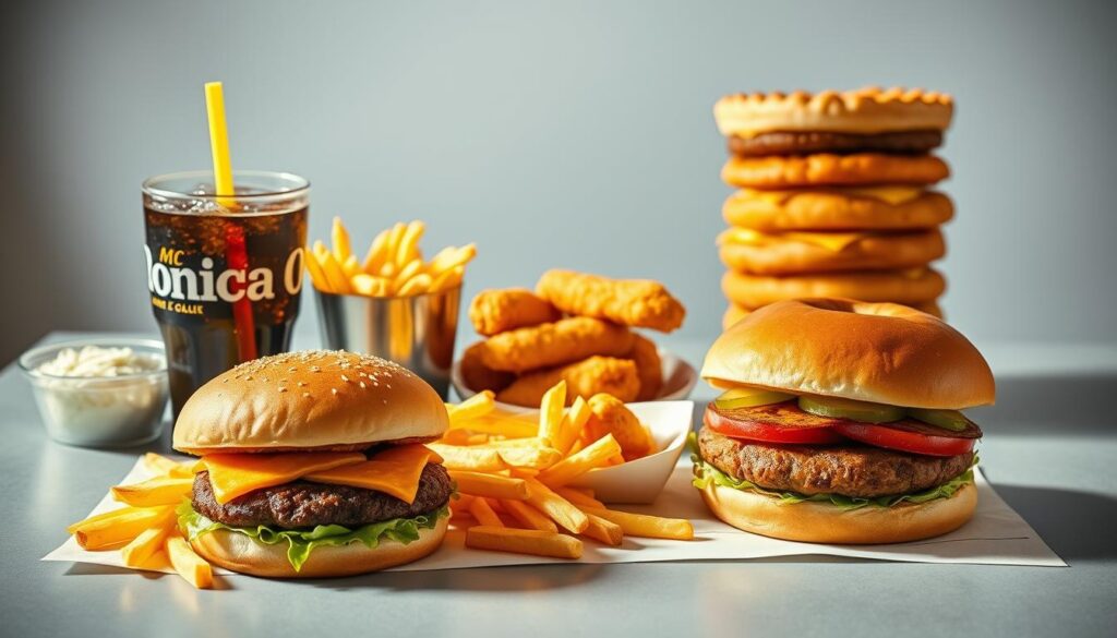 A delectable spread of McDonald's lunch and dinner combo meals, artfully arranged on a modern, minimalist table setting. In the foreground, a juicy Big Mac, crisp french fries, and a refreshing medium Coke, illuminated by soft, natural lighting. The middle ground features a savory Filet-O-Fish sandwich, accompanied by a side of creamy coleslaw and a crisp, golden Chicken McNuggets. In the background, a neatly stacked trio of McDouble burgers, complemented by a piping hot, fragrant apple pie. The composition evokes a sense of casual indulgence, with a warm, inviting atmosphere that beckons the viewer to savor the satisfying combination of flavors.