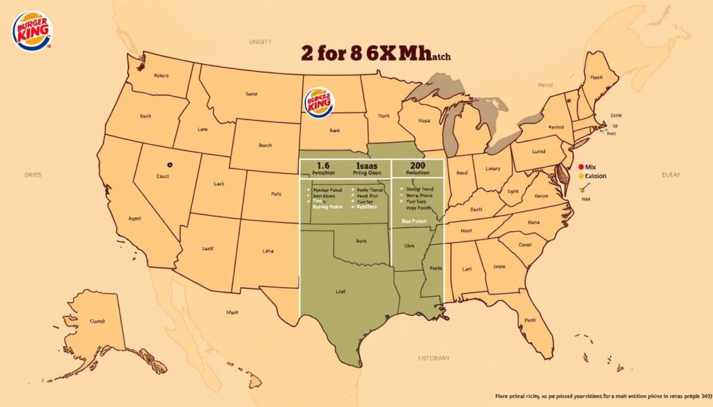 A detailed, high-resolution map of the United States showcasing the regional pricing variations and exclusions for Burger King's "2 for $6 Mix & Match" promotion. The map is rendered with a clean, minimalist aesthetic, using a color scheme of warm earth tones to evoke the brand's identity. The foreground features state outlines and major city markers, while the background displays a subtle grid pattern and faint state labels. The middle ground incorporates Burger King logos and icons to denote the pricing zones, with a clear legend explaining the differences. The overall scene is captured with a wide-angle lens, providing a comprehensive view of the national landscape and pricing data.