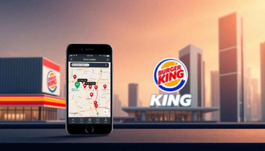 A digital illustration depicting a detailed Burger King store locator guide. The foreground features a smartphone display showcasing the BK store locator interface, with clean, intuitive UI elements and an interactive map displaying restaurant locations. The middle ground includes a stylized Burger King logo and branding, conveying a sense of brand recognition. The background presents a modern, minimalist cityscape, with sleek high-rise buildings and a vibrant, warm color palette suggesting an urban, metropolitan setting. The overall composition conveys a sense of functionality, accessibility, and the convenience of finding the nearest Burger King restaurant. Rendered in a high-resolution, photorealistic style with natural lighting and subtle depth of field.