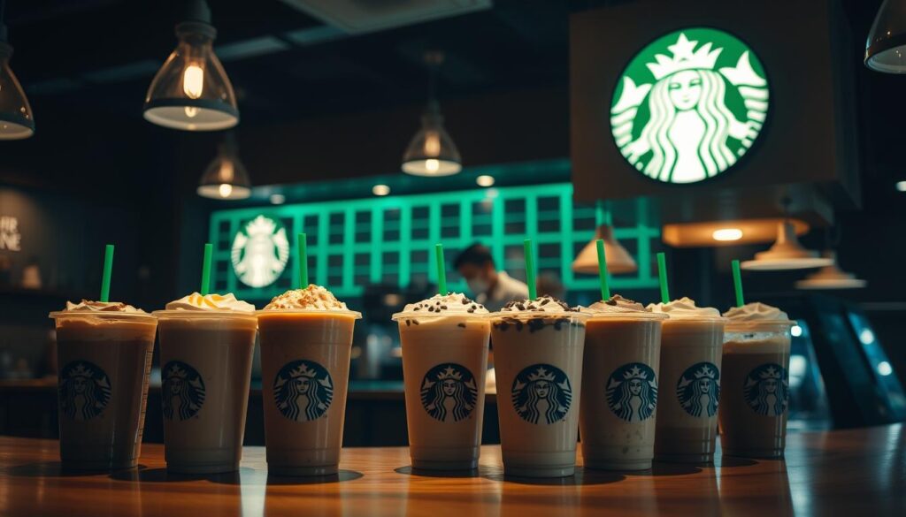 A dimly lit Starbucks cafe at night, showcasing an array of premium Frappuccino selections. In the foreground, an assortment of Frappuccino cups in various flavors, including Mocha, Caramel, and Chocolate Chip, sit atop a wooden counter. Subtle reflections from the cups create a dreamlike atmosphere. In the middle ground, a barista carefully crafts the beverages, their movements illuminated by the warm glow of the overhead lighting. In the background, a stylized Starbucks logo and the cafe's signature green accents hint at the brand's familiar aesthetic. The scene evokes a cozy, late-night ambiance, inviting the viewer to indulge in a premium Frappuccino experience.