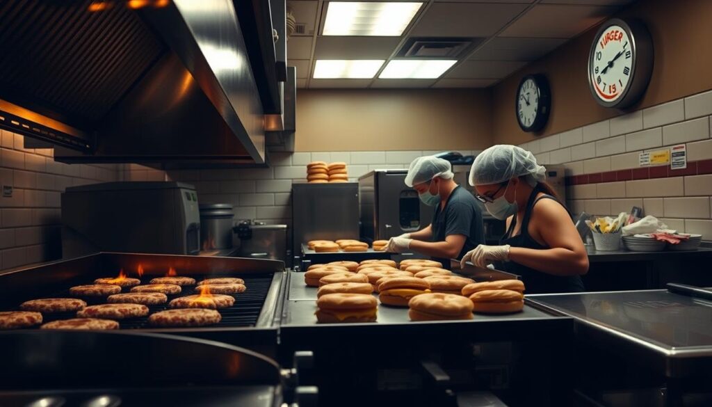 A dimly lit commercial kitchen, the grill sizzling with breakfast patties as a line cook meticulously assembles Whopper Jr. sandwiches. Stainless steel appliances gleam under the muted lighting, while a clock on the wall indicates the cutoff time for Burger King's breakfast menu. The atmosphere is focused and efficient, with workers in hairnets and aprons moving with practiced precision, reflecting the company's decision to forgo all-day breakfast service in favor of a strict timeframe.