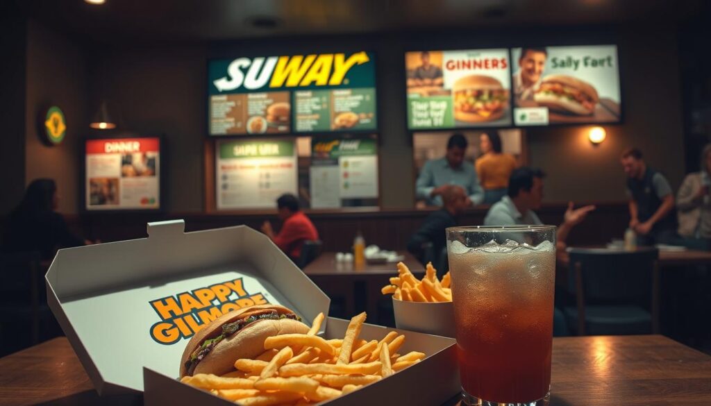 A dimly lit, cozy Subway restaurant scene. In the foreground, a takeout box with the "Happy Gilmore" logo sits open, revealing a delicious-looking Subway sandwich, crisp fries, and a large, frosty beverage. The middle ground showcases the Subway menu boards, showcasing a variety of dinner options. In the background, a group of cheerful patrons enjoy their meals at the tables, creating a warm, inviting atmosphere. The lighting is soft and muted, casting a comforting glow over the entire scene. The camera angle is slightly elevated, giving a bird's-eye view of the Subway experience, capturing the essence of the "Happy Gilmore Meal" in a visually appealing and appetizing way.