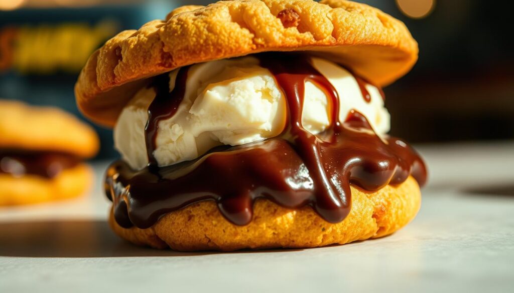 A freshly baked, golden-brown cookie sandwich, its crunchy edges giving way to a soft, chewy center. Nestled between the cookies is a generous scoop of cool, creamy vanilla ice cream, drizzled with a tantalizing chocolate sauce. The scene is bathed in a warm, inviting light, captured from a low angle to emphasize the towering layers of this decadent Subway dessert. The overall composition exudes a sense of indulgence and mouthwatering appeal, enticing the viewer to take a bite and savor the ultimate ice cream cookie sandwich experience.