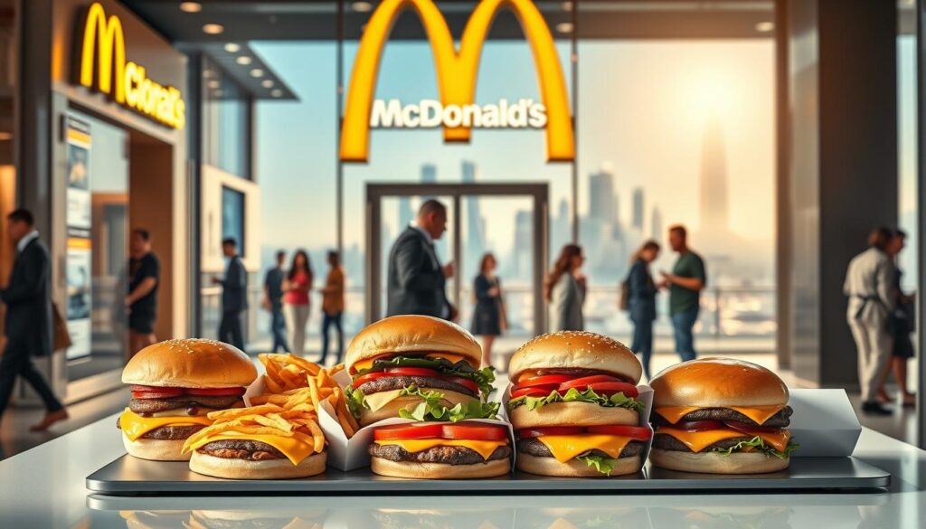 A gleaming McDonald's restaurant facade, its golden arches glistening in the afternoon sunlight. In the foreground, a carefully curated collection of iconic McDonald's burgers - the Big Mac, Quarter Pounder, McDouble, and more - arranged artfully on a sleek, modern table. The burgers are perfectly lit, showcasing their fresh ingredients and mouthwatering appeal. In the middle ground, customers mill about, their faces reflecting a sense of anticipation and excitement for the delectable offerings. The background features a vibrant, futuristic cityscape, hinting at the restaurant's evolution and its place in the modern world. The overall scene conveys a sense of high-quality, innovation, and the enduring appeal of the McDonald's brand.