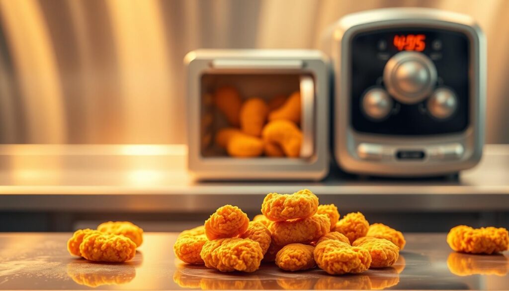 A gleaming stainless steel kitchen countertop, bathed in warm, golden light, displays a meticulously arranged array of McDonald's Chicken Nuggets. The nuggets, freshly fried to a crisp golden-brown perfection, are presented in a modern, minimalist style, highlighting their inviting texture and mouthwatering appearance. In the background, a softly blurred, futuristic-inspired kitchen appliance or equipment suggests the brand's commitment to innovation and technological advancements in their food preparation processes. The overall composition exudes a sense of culinary sophistication, quality, and the evolution of a classic fast-food favorite.