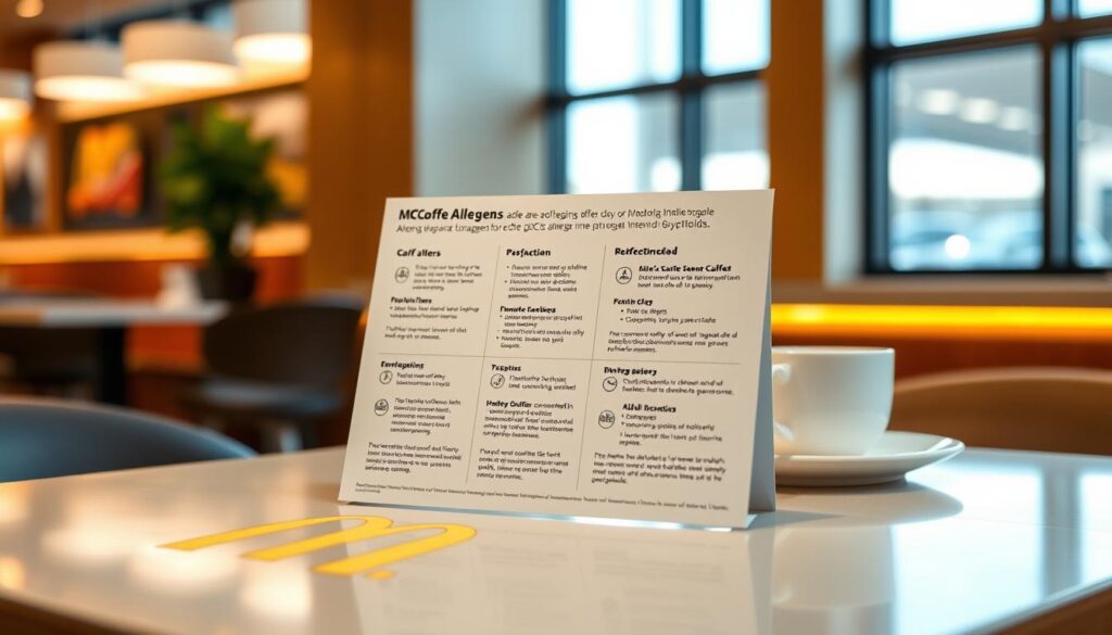 A glossy, professionally-designed informational guide on coffee allergens, displayed on a sleek, modern McDonald's-branded table setting. The guide features clear, concise information about the various allergens present in McDonald's coffee beverages, with easy-to-read icons and a clean, minimalist aesthetic. The table setting includes a warm, natural lighting, capturing the welcoming atmosphere of a McDonald's restaurant. The guide is the focal point, positioned centrally on the table, with the McDonald's branding subtly integrated into the design. The overall impression is one of transparency, attention to detail, and a commitment to providing customers with comprehensive dietary information.